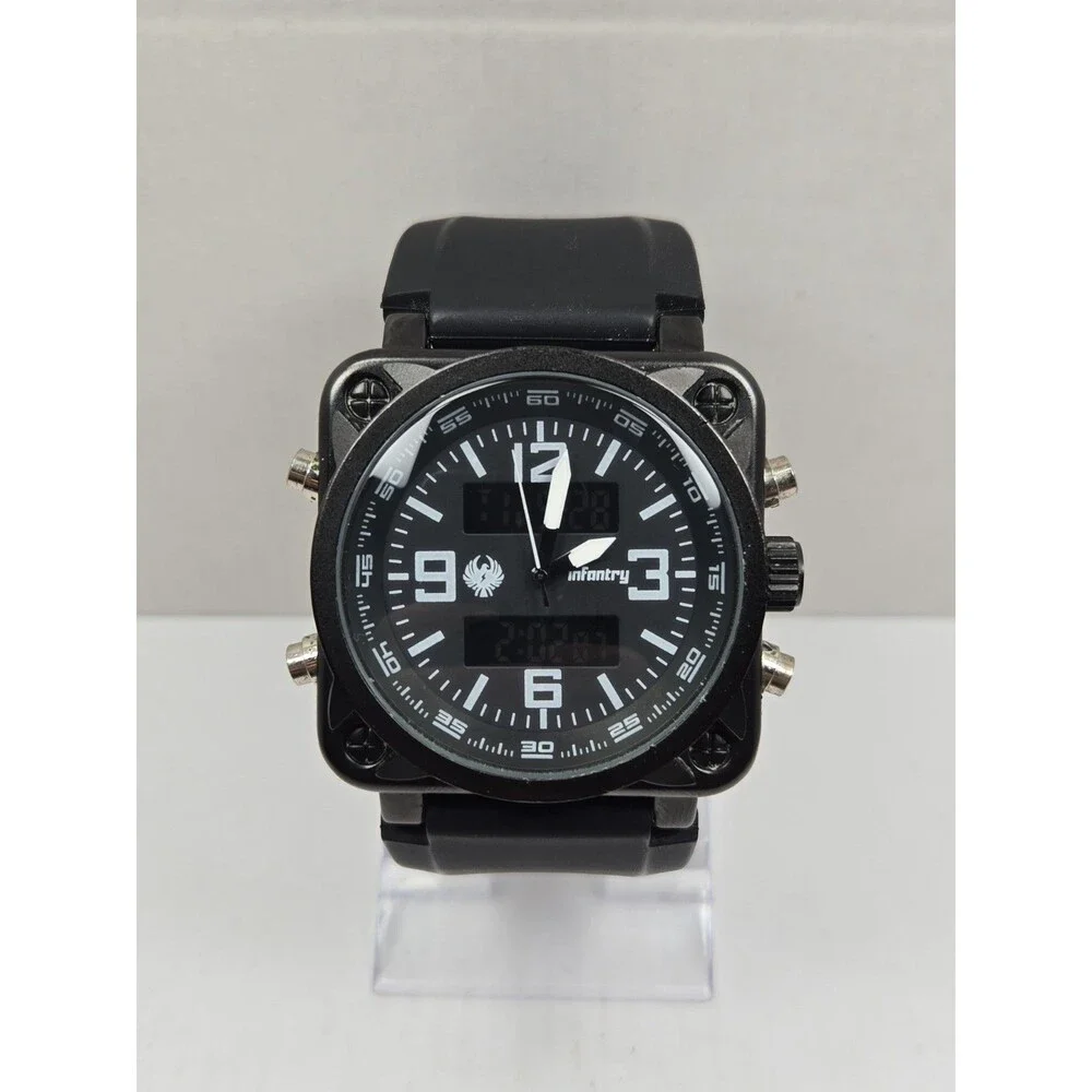 Infantry Night Stealth Ana Digi Square 46mm Mens Watch Black  Alarm New Battery